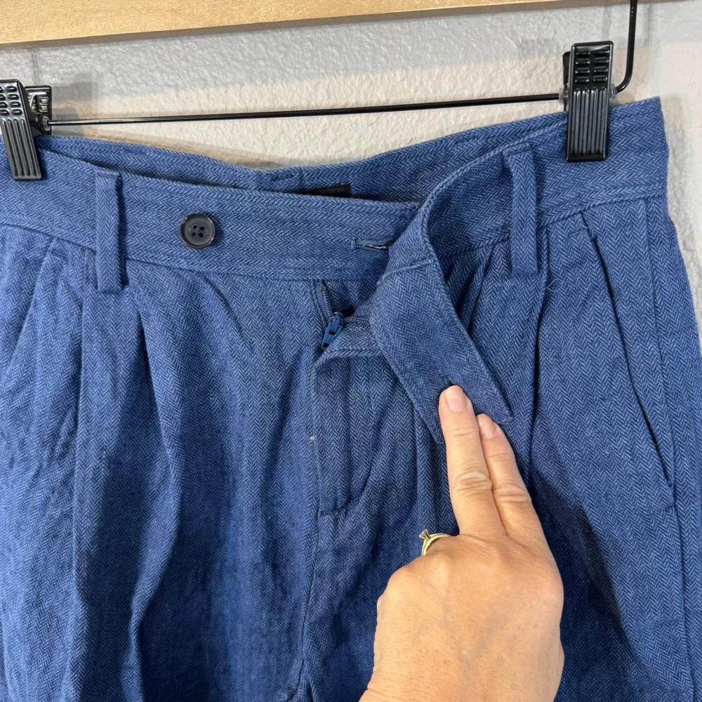 Banana Republic Petite Sz 2 Blue Herringbone Linen Blend Pleated Wide Leg Pants